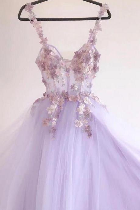 light purple prom dresses, hand made flowers prom dresses, a line evening dresses, tulle evening gowns, cheap evening gowns, custom make evening gowns, arabic evening dresses, fashion prom dresses