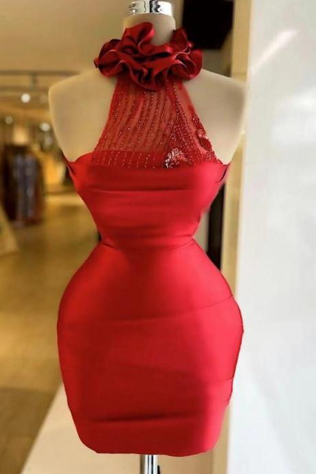 Red Prom Dresses, Sheath Prom Dresses, Mini Prom Dresses, Red Evening Dresses, Mini Cocktail Dresses, Mini Evening Dresses, Halter Prom Dresses,