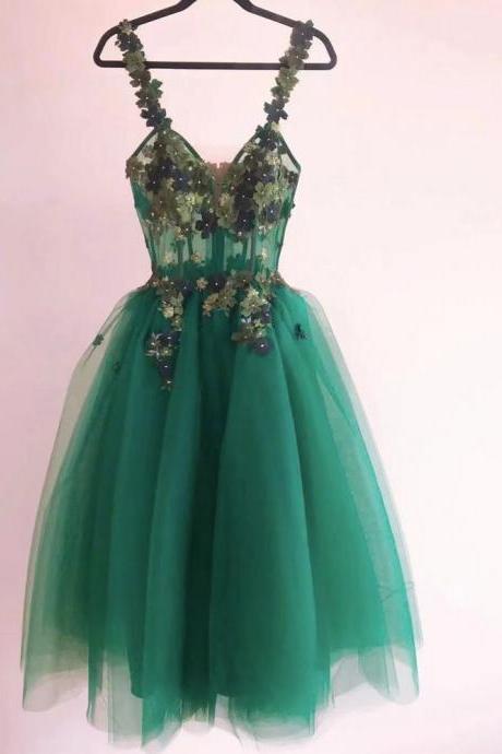 green prom dresses, sweetheart prom dresses, hand made flowers prom dresses, tulle prom dresses, green evening gowns, mini cocktail dresses, tulle evening dresses, lace homecoming dresses, knee length prom dresses, green party dress