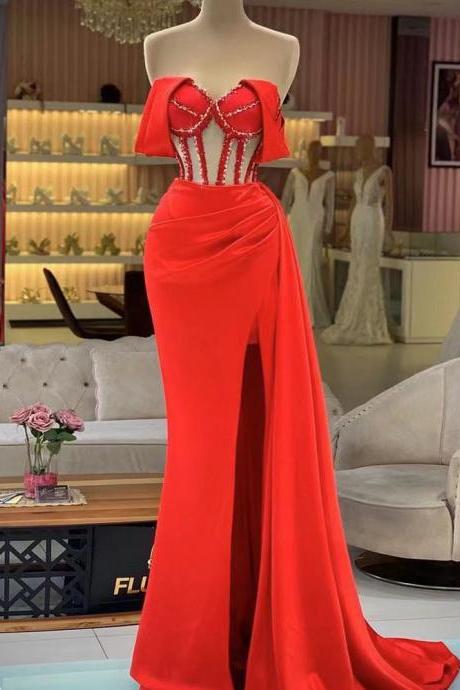 Red Prom Dresses, Crystal Prom Dresses, Pearls Prom Dresses, Side Slit Prom Dresses, Red Evening Dresses, Custom Make Prom Dresses, Red Evening