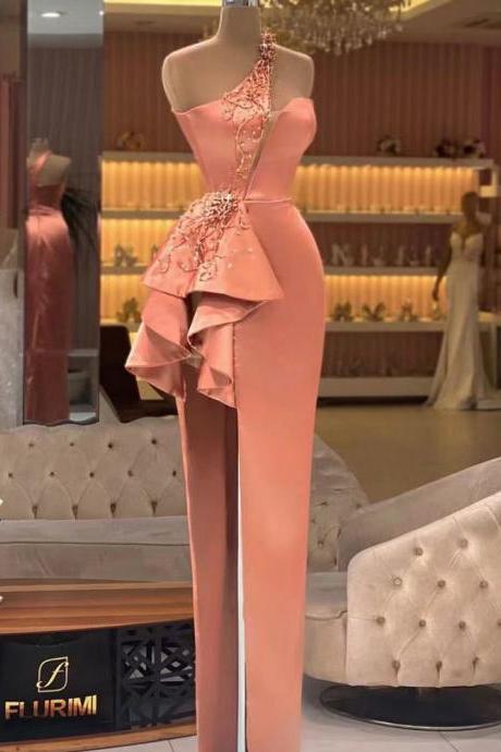 Pink Prom Dresses, One Shoulder Prom Dresses, Side Slit Evening Dresses, Satin Evening Dresses, Custom Make Evening Dresses, Evening Dresses,