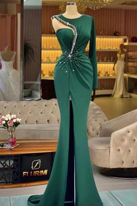 Green Prom Dresses, Side Slit Prom Dresses, Mermaid Prom Dresses, Custom Make Evening Dresses, Long Sleeve Prom Dresses, Fashion Evening Dresses,