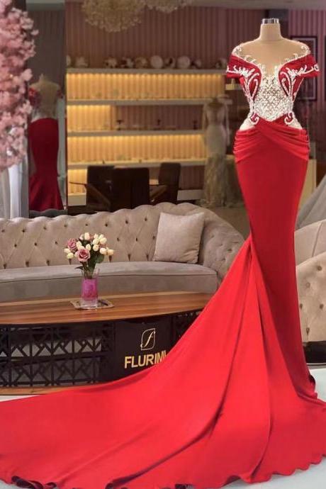 Red Prom Dresses, Satin Prom Dresses, Off The Shoulder Prom Dresses, Crystal Prom Dresses, Beaded Prom Dresses, Red Evening Gowns, Mermaid