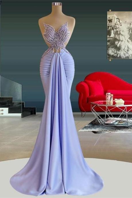 Lavender Illusion Neck Mermaid Prom Dresses Sexy Beading Top Sequined Evening Gown Bridesmaid Formal Dresses