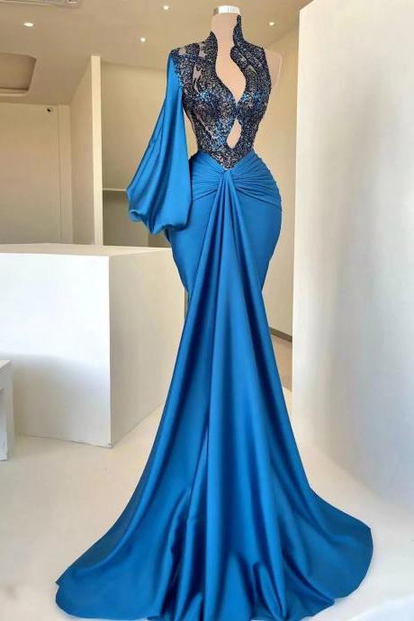 2023 Blue Mermaid Prom Dresses Sexy Deep V-neck Long Sleeves Evening Gown Bridesmaid Formal Dresses Custom Made