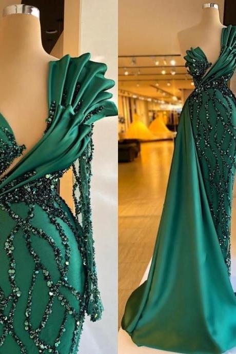 2023 Prom Dresses Emerald Green Mermaid One Shoulder Sequins Party Dresses Ruffles Glitter Celebrity Custom Made Evening Gowns