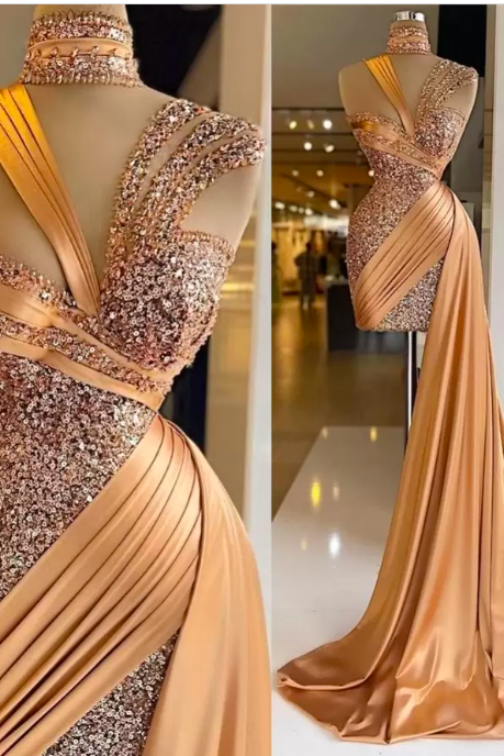 Sparkle 2022 Gold Mermaid Evening Dresses With Over Skirt Sequin Pleat Short Prom Gowns High Collar Ladies Sexy Vestido De Novia