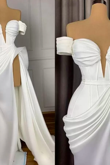 Sexy White Evening Dresses Long 2022 Off Shoulder Satin With High Slit Arabic African Women Formal Party Gowns Prom Dress