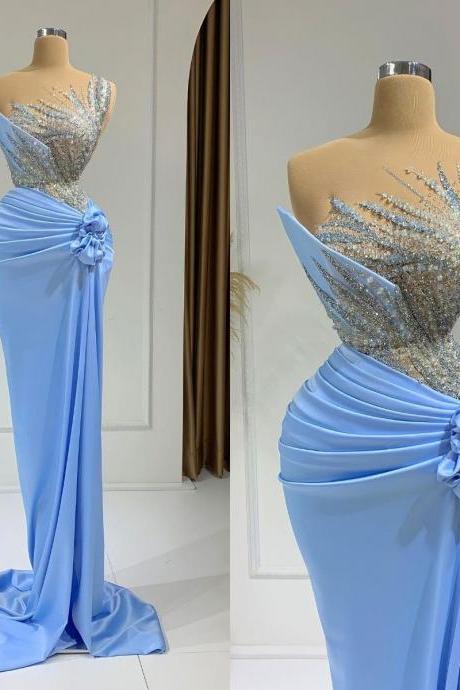 2023 Arabic Mermaid Prom Dresses Light Sky Blue Beaded Sequined Sheer Neck Evening Formal Party Second Reception Gowns