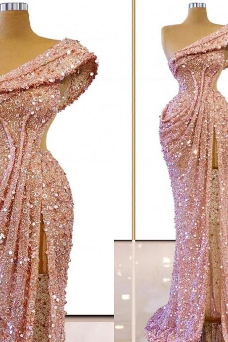 Glittering Pink Sequined Evening Dresses 2023 Sexy One Shoulder Ruched Sweep Train Formal Prom Gowns Side Slit Mermaid Women Special Occasion