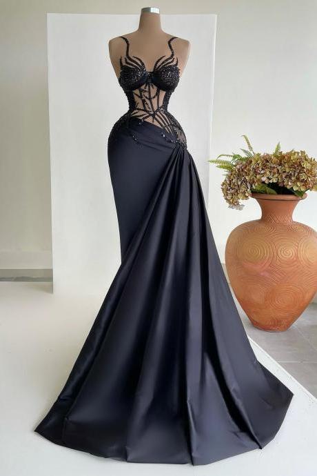 Sexy Black Mermaid Prom Dresses Beaded Boned Illusion Neck Women Gowns Sweep Train Satin Formal Evening Dress