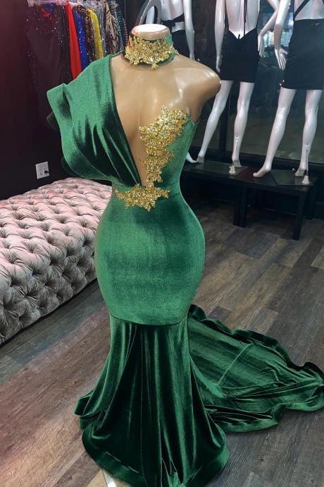 Elegant Green Velvet Mermaid Prom Dresses robes de soirée High Neck Lace Appliqued Beaded Evening Gowns Sweep Train Party Dress