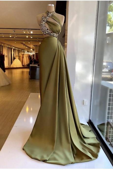 Elegant Green Mermaid Evening Dresses Halter Neck Beaded Crystal Prom Dress