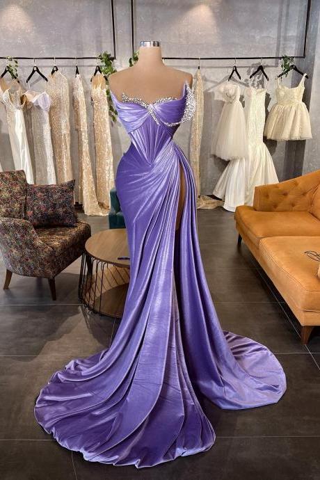 Lavender Velvet Mermaid Evening Dresses Winter Side Split Prom Dress Sweetheart Beaded Women Pageant Party Gowns