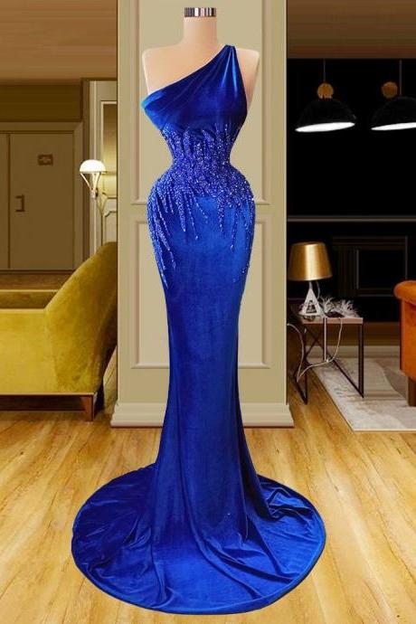 Blue Velvet Mermaid Evening Dresses One Shoulder Special Occasion Dress Appliques Sequins Women Floor Length Prom Gowns