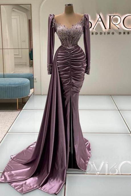 Taffeta Mermaid Prom Dresses Sheer Neck Long Sleeve Beaded Ruched Evening Gowns Arabic Front Split Sexy Women Gowns Vestidos