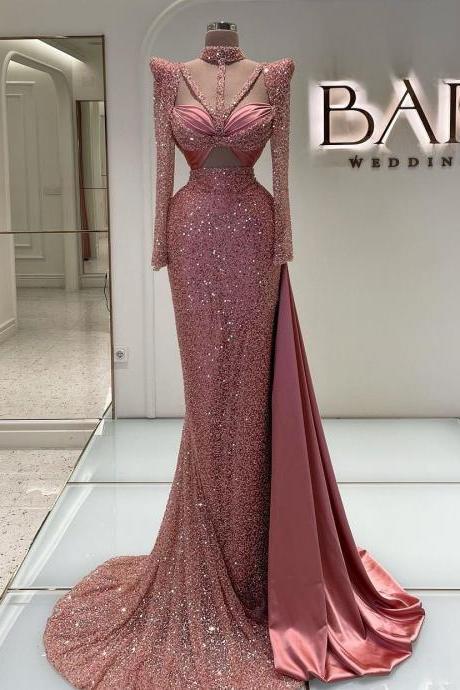 Sequined Prom Dresses High Neck Long Sleeve Beaded Ruched Evening Gowns With Detachable Train Arabic Women Gowns Vestidos