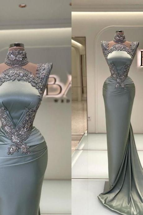 High Neck Beading Prom Dresses Crystal Vintage Mermaid Evening Gowns Arabic Women Gowns Formal Party Wear Vestidos