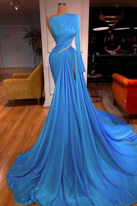 Royal Blue Beaded Mermaid Prom Dresses One Shoulder Long Sleeve Split Evening Dress Dubai Arabic Formal Cocktail Party Gowns