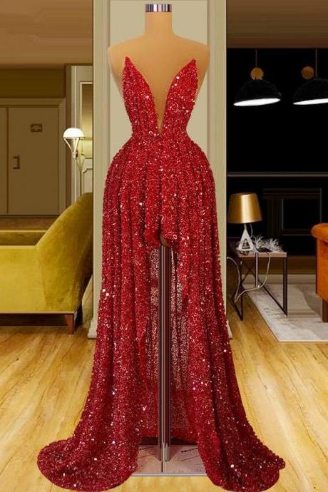 Amazing Red Hi-lo Prom Dresses Deep V Neck Sequins Party Dresses Sleeveless Beaded Custom Made Evening Dress
