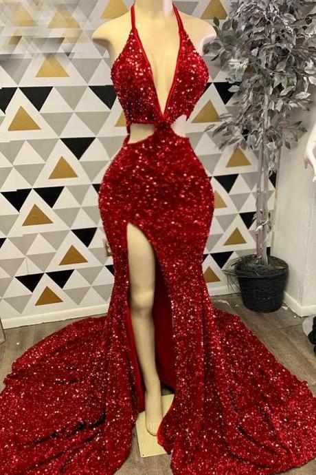 Long Sexy Prom Dresses 2022 Mermaid High Slit Halter Sparkly Red Sequin African Black Girls Prom Gala Party Gowns Robe De Soiree Vestidos