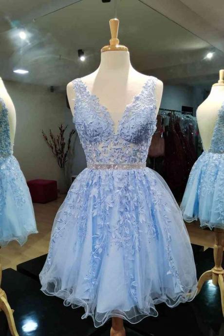 Blue Prom Dresses, V Neck Prom Dresses, Lace Appliques Prom Dresses, Crystal Prom Dresses, Beaded Prom Dresses, A Line Evening Dresses, Tulle