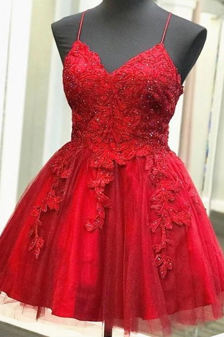 A Line Prom Dress, Red Prom Dresses, Lace Prom Dresses, Appliques Evening Dresses, Party Dresses, Sexy Evening Gowns, Short Evening Dress,