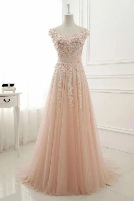 Champagne Prom Dresses, Champagne Evening Dresses, Appliques Prom Dresses, Lace Prom Dresses, Tulle Prom Dresses, Tulle Evening Dresses, A Line