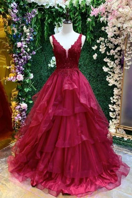 lace prom dresses, ruffle prom dresses, custom make prom dresses, burgundy prom dresses, red evening dresses, v neck evening dresses, lace evening gowns, ball gown evening dresses