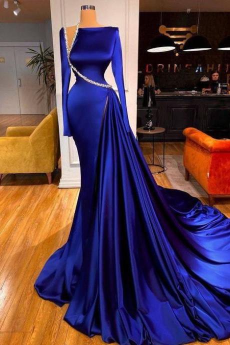 Sexy Prom Dresses, Arrival Evening Dresses, Custom Make Evening Dresses, Blue Party Dresses, Long Sleeve Prom Dresses, Satin Evening Dresses,