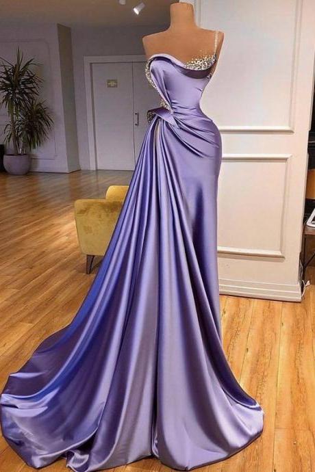 Purple Prom Dresses, Crystal Prom Dresses, Beaded Prom Dresses, One Shoulder Prom Dresses, Pleats Prom Dresses, Satin Prom Dresses, A Line Prom