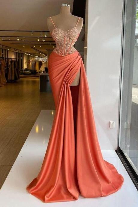 Orange Prom Dresses, Lace Prom Dresses, Mermaid Prom Dresses, 2023 Prom Dresses, Satin Evening Dresses, Side Slit Evening Dresses, Red Prom