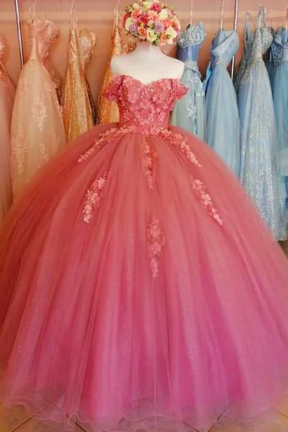 Pink Prom Dresses, Flowers Prom Dresses, Lace Evening Dresses, Ball Gown Prom Dresses, Flowers Prom Dresses, Ball Gown Evening Dresses, Ball Gown