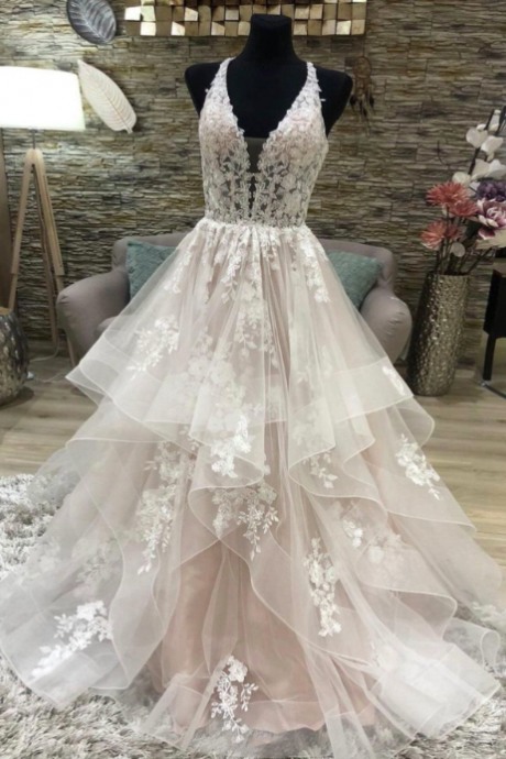 Champagne Prom Dresses, Tulle Evening Dresses, Ruffle Prom Dresses, Lace Evening Dresses, Deep V Neck Prom Dresses, Ball Gown Evening Dresses,