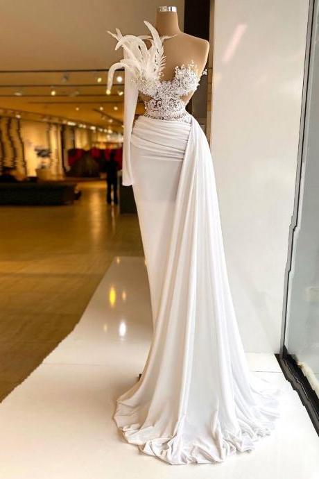 Sexy White Formal Prom Dresses Lace Appliques Feathers Pleats Floor-length Evening Gown Custom Made Robes De Soirée