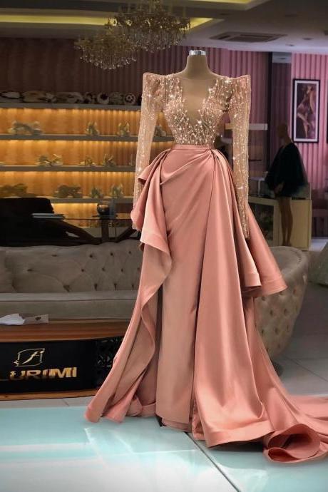 Sparkling Elegant Evening Gowns Long Sleeves Crystals V-neck Women Formal Occasion Prom Party Night Dresses Plus Size Custom