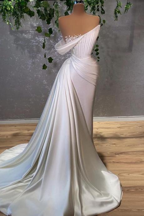 White Charming Elegant Mermaid Prom Dresses Pearls With Long Train Women Formal Wedding Party Gowns Plus Size Custom Made