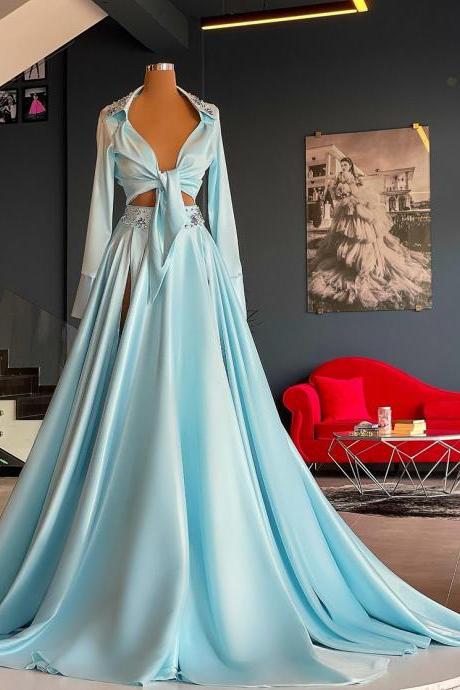 New Fashion Splicing Elegant Evening Dresses Two Pieces Shirt High Split Prom Dress Long Sleeves Plus Size Women Party Gowns