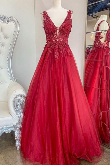 Red Prom Dresses, Lace Evening Dresses, Tulle Prom Dresses, Custom Make Prom Dresses, Evening Dresses For Women, Tulle Evening Dresses, Sexy Prom