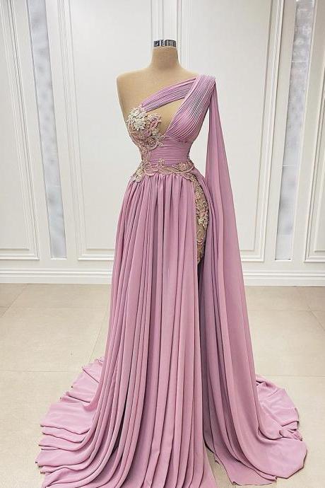 Pink Prom Dresses, One Shoulder Prom Dress, Pleats Evening Dresses