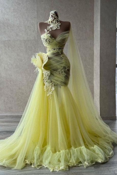 Yellow Prom Dresses, Lace Prom Dresses, Pleats Prom Dresses, Mermaid Prom Dresses, Tulle Prom Dresses, Custom Make Evening Dresses, Prom
