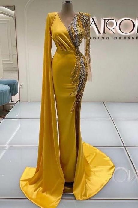 yellow prom dresses, beaded prom dresses, side slit prom dresses, pleats prom dresses, custom make evening dresses, cheap evening dresses, new arrival evening gowns