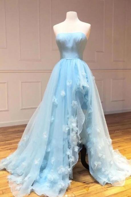 blue prom dresses, side slit prom dresses, sweetheart neck prom dresses, hand made flowers prom dresses, organza prom dresses, light sky blue prom dresses, cheap evening gowns. formal occasion dresses