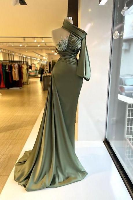 one shoulder prom dresses, lace prom dresses, sequins prom dresses, appliques prom dresses, mermaid prom dresses, custom make prom dresses, fashion evening gowns, new arrival prom dresses, cheap prom dress, green evening dresses, pleats prom dresses, one shoulder prom dress