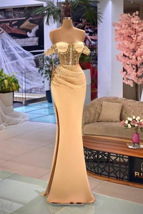 Champagne Prom Dresses, Sweetheart Neck Prom Dresses, Mermaid Evening Dresses, Beaded Prom Dresses, Arabic Prom Dresses, Pleats Evening Dresses,