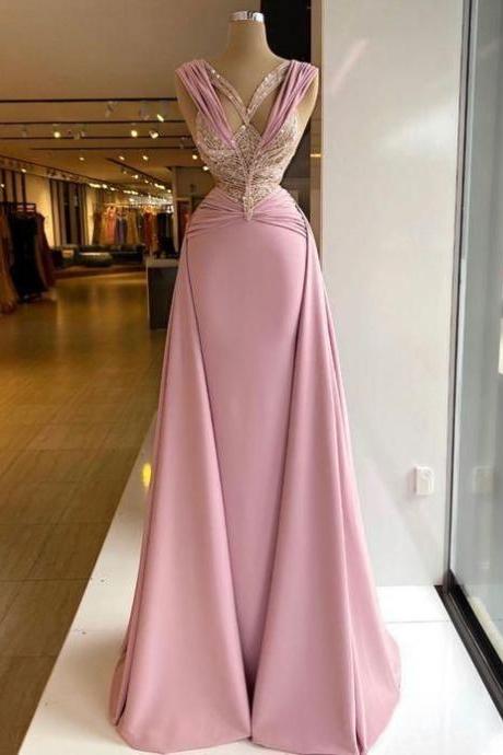 Pink Prom Dresses, Mermaid Prom Dresses, Beaded Prom Dresses, Pleats Prom Dresses, Pink Evening Dresses, 2023 Evening Dresses, Evening Gowns,