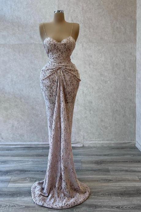 Elegant Prom Dresses Mermaid High Waist Sweetheart Thin Shoulder Strap Ruffle Backless Flower Lace Zipper Court Gown Custom Made Plus Size Robes