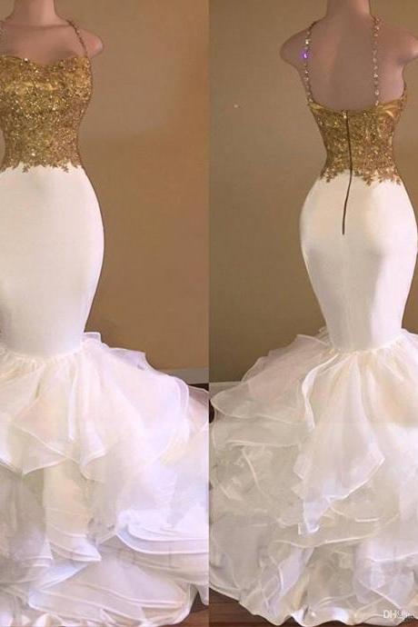 Sweep Train Zipper Back Ruffled Skirt Beaded Spaghetti Straps Lace Appliqued Prom Dress Gold And White Evening Dresses Mermaid