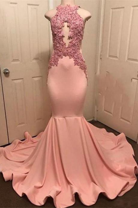 Halter Neck Sleeveless Robe De Soiree Party Dress Abiye Peach-pink Mermaid Prom Gowns Lace Appliques Long Prom Dress Formal Dress