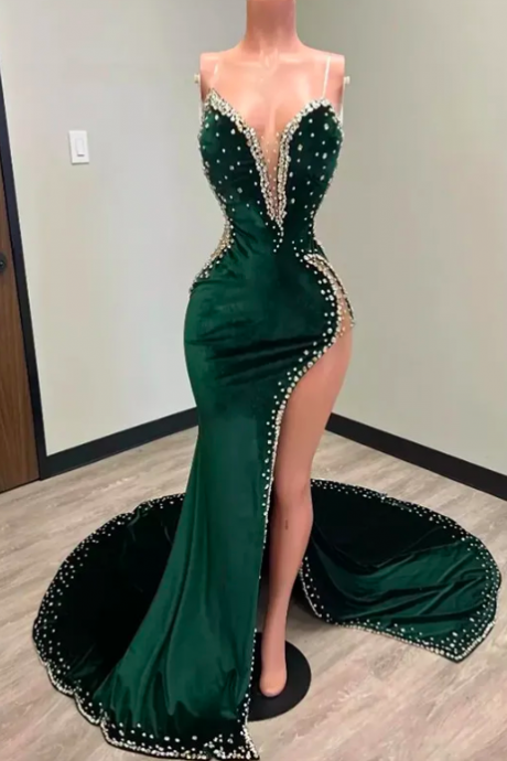 Hunter Green Velvet Prom Dresses African Aso Ebi Mermiad Evening Dress With Cape Slit Spaghetti Sparkly Beaded Abends